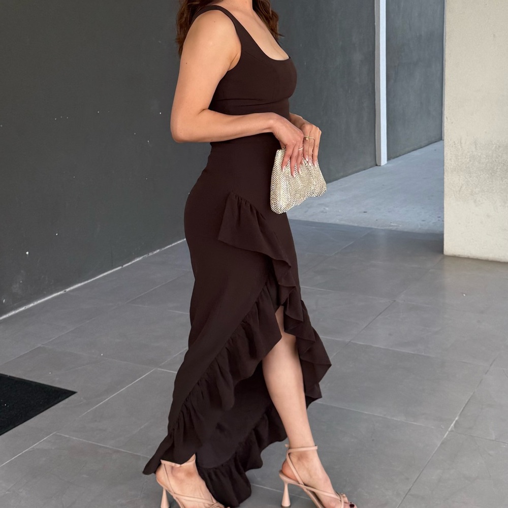 Mocha ruffled gown dress